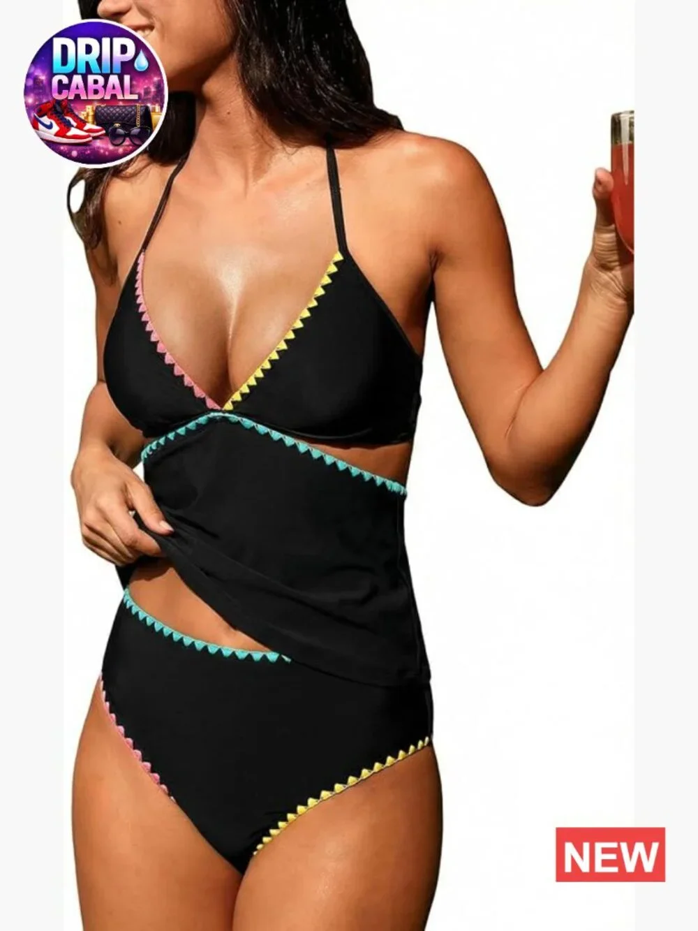 Women's Tankini Set Halter V Neck Shell Stitch Trim Swimsuit Removable Soft